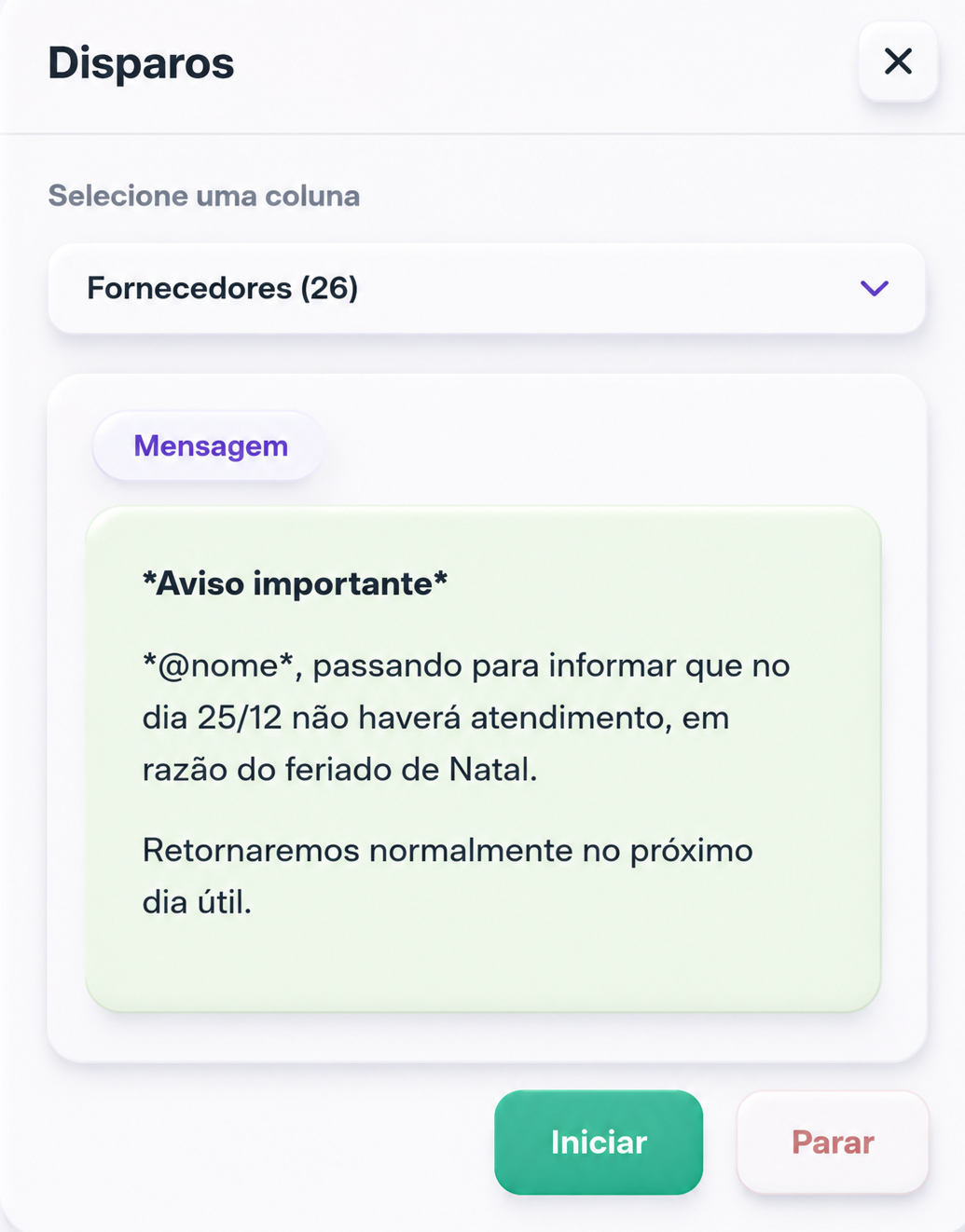 Tela de disparos do Kanbap com seleção de coluna e mensagem pronta para envio