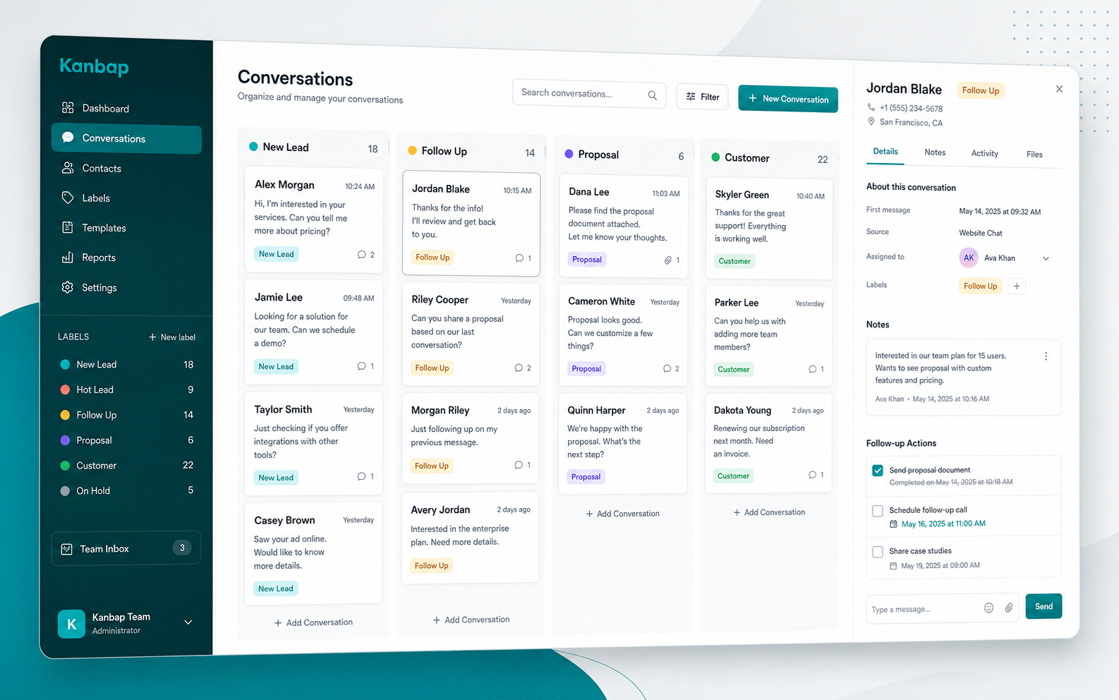 Mockup do painel Kanbap com etiquetas, conversas e funil de atendimento